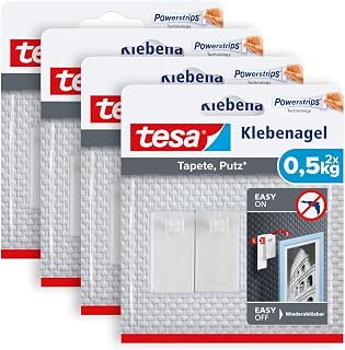 tesa Klebenagel für Tapete & Putz, 0,5 kg - 4 x 2 Nägel inkl. Powerstrips