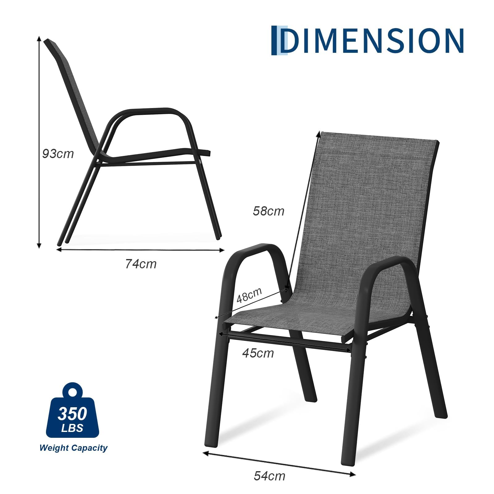 Komfortable Stapelbare Gartenstühle 4er Set – Hohe Rückenlehne, Wetterfest, Metallrahmen, Atmungsaktives Textilene – Outdoor Essstühle Für Terrasse, Balkon, Pool & Garten – Grau