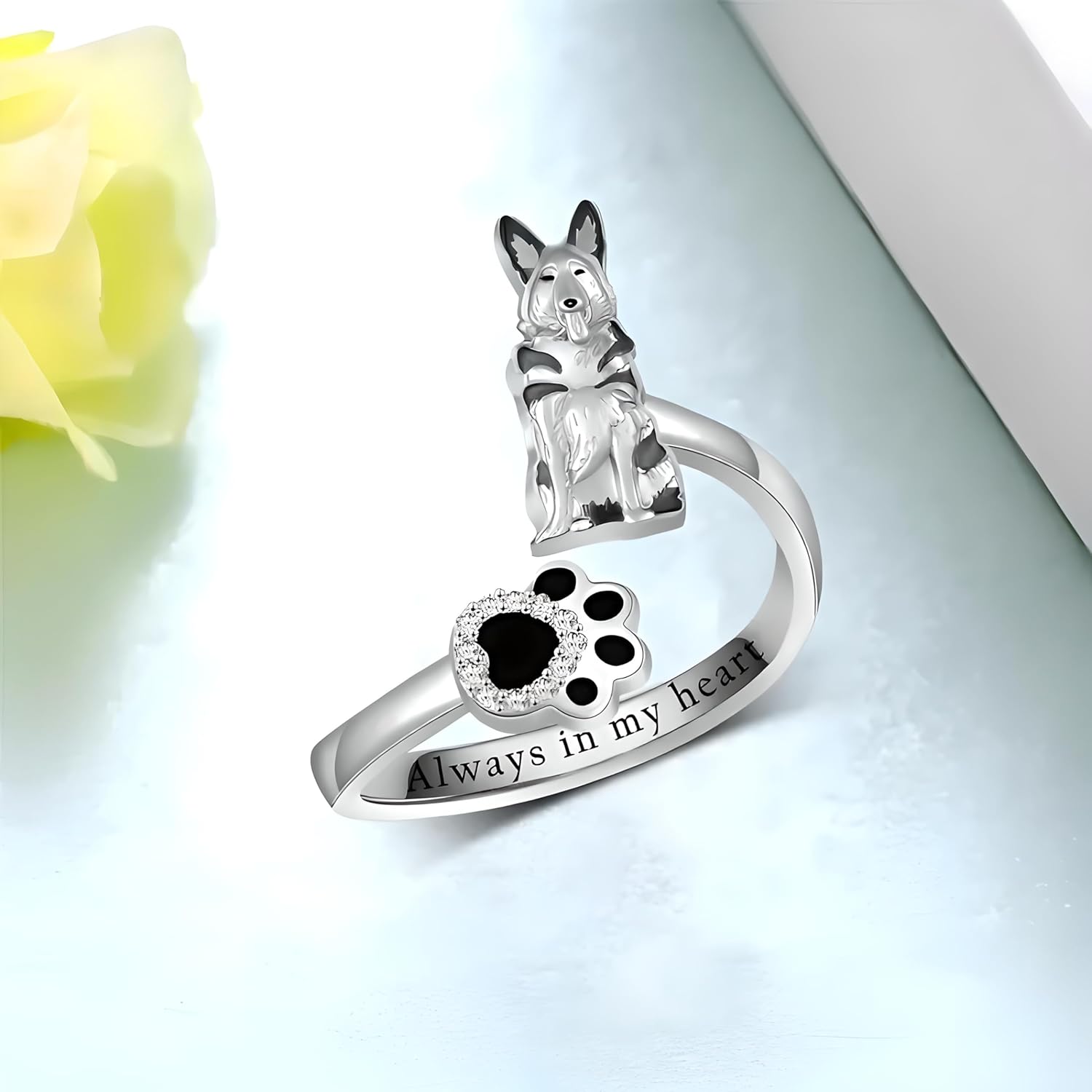 SUPAC German Shepherd, Yorkie, Pug Dog Paw Adjustable Ring, Sterling Silver, Paw Print Design with Crystal Accents - Christmas, Birthday, or Party Ring