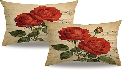 7COLORROOM Funda de almohada lumbar con diseño de rosas rojas florecientes con flores y hojas verdes, fundas de almohada cuadradas decorativas de