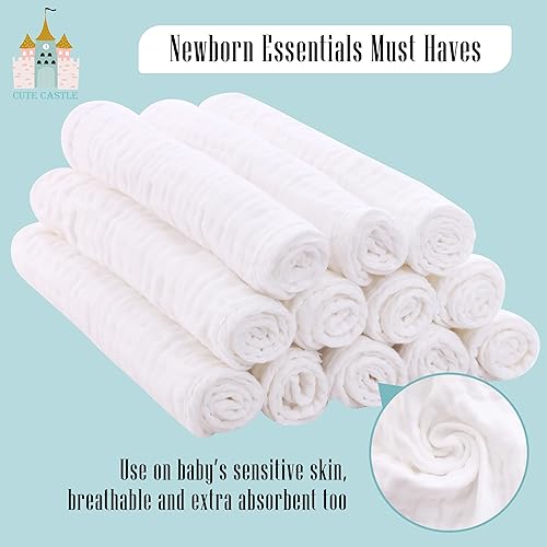 Vista 179 de Cute Castle Paquete de 12 paños de muselina para bebé, 100% algodón, ultra absorbentes, grandes, 20 x 10 pulgadas, trapos súper absorbentes