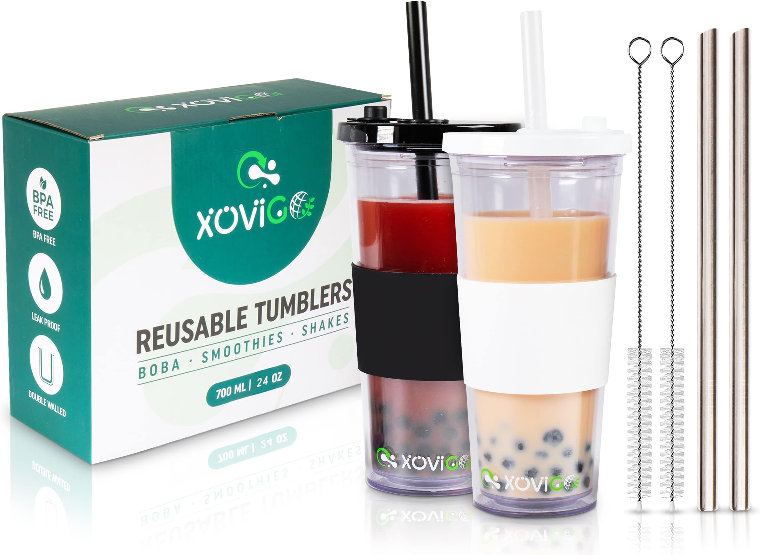 XOVIGO Reusable Boba Cup 24OZ/700ml – Set of 2 Bubble Tea Cups with Replaceable Lids, Cup Sleeves – 2 Plastic and 2 Stainless Steel Straws – Easy to Clean Boba Tea Kit – Black and White Design