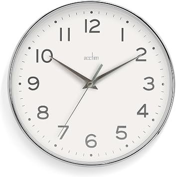 Acctim Rand 20cm Small Wall Clock Foil Embossed Numbers Quartz Movement 22992 Chrome/White
