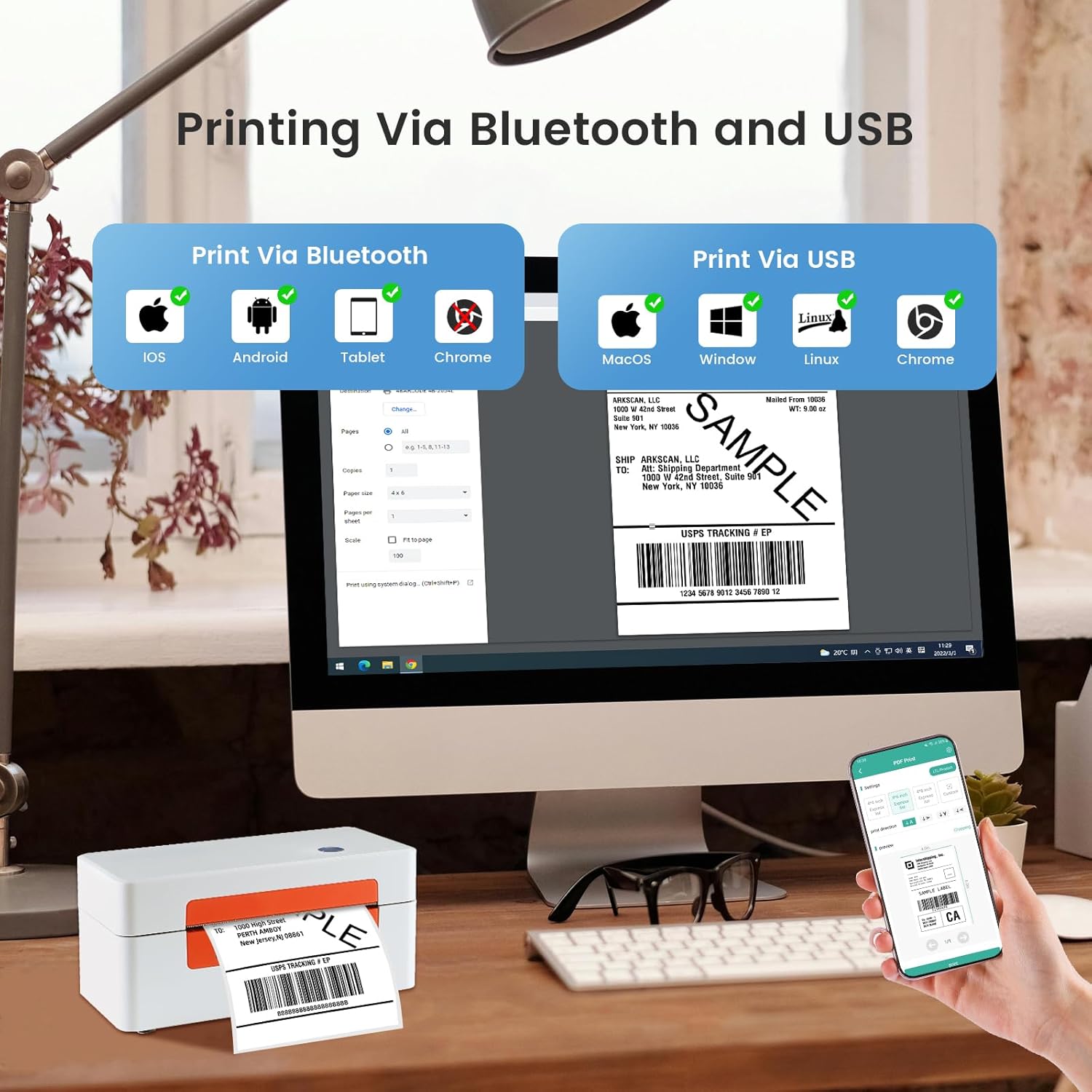 Bluetooth Thermal Label Printer, Wireless 4x6 Thermal Printers Shipping Label Printer for Small Business Shipping Package, Office, School Compatible with Amazon, Shopify, USPS, White