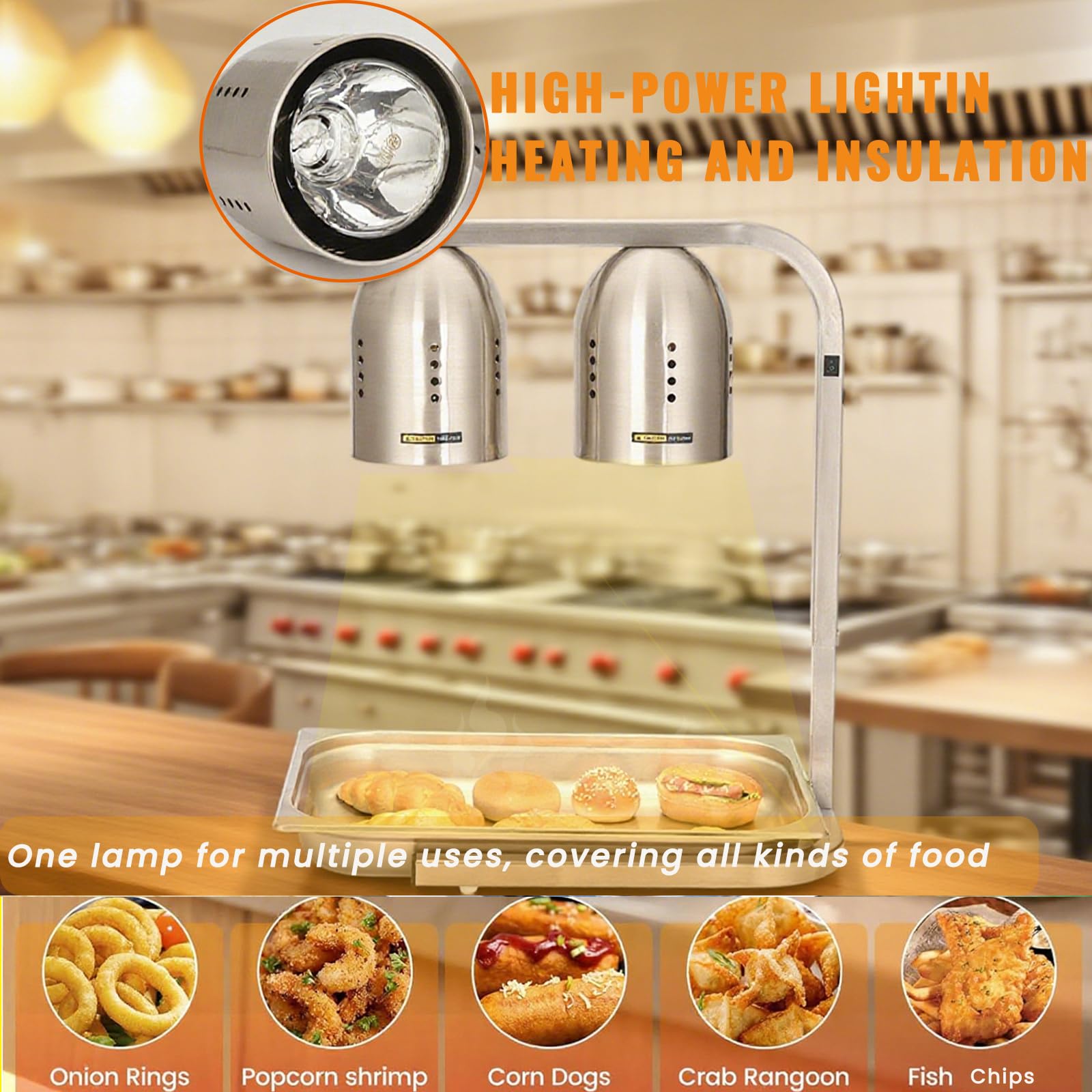 Lámpara de calor portátil comercial Calentador de alimentos de 2 bombillas Independiente, lámpara de calefacción de buffet de metal de 550 W y luz de calentamiento para restaurante buffet,Plata