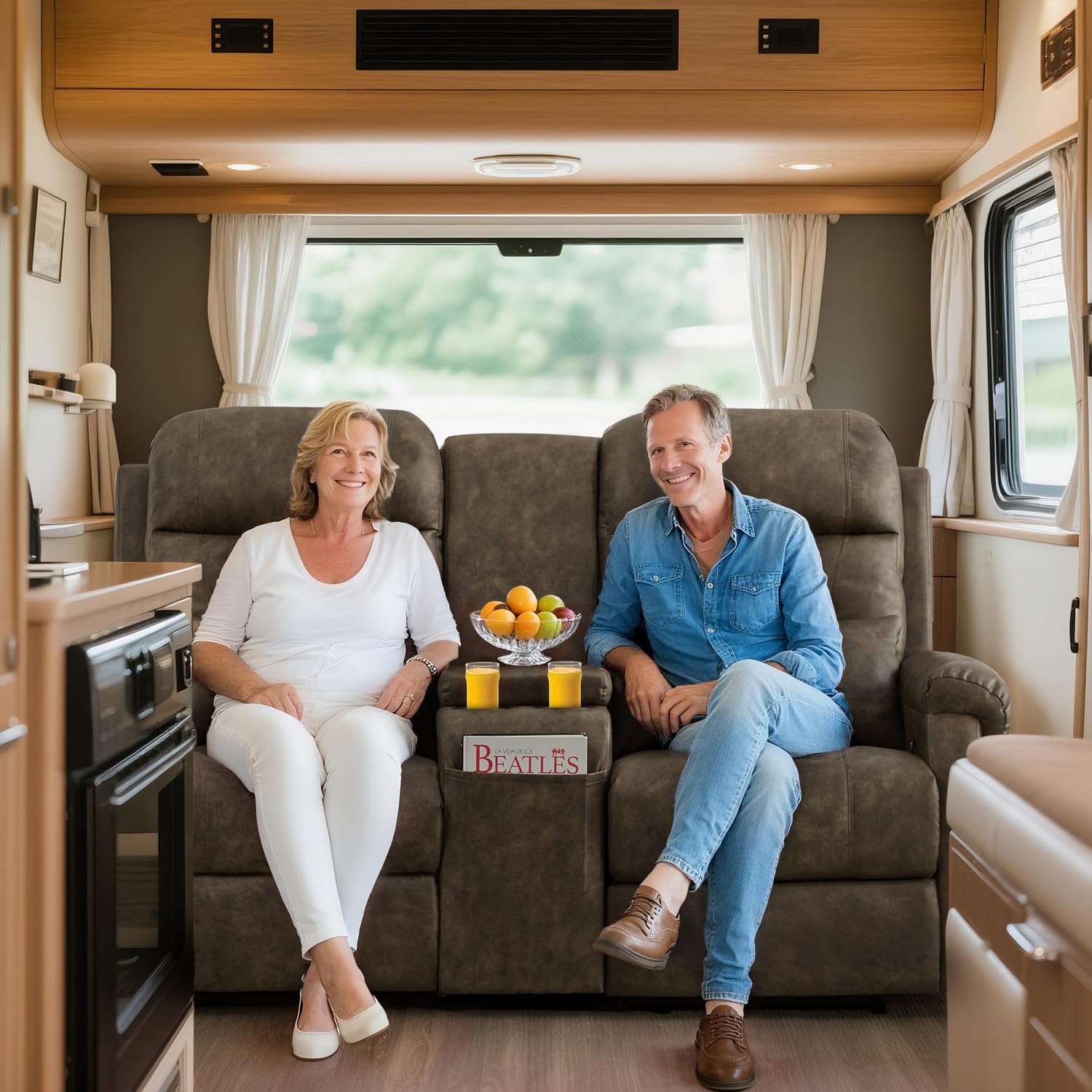 RV Loveseat Recliner with Console, Reclining Loveseat Sofa, Manual Home Theater Seating with Pockets/Cup Holders for Living Room/RV Furniture (Antique Taupe)