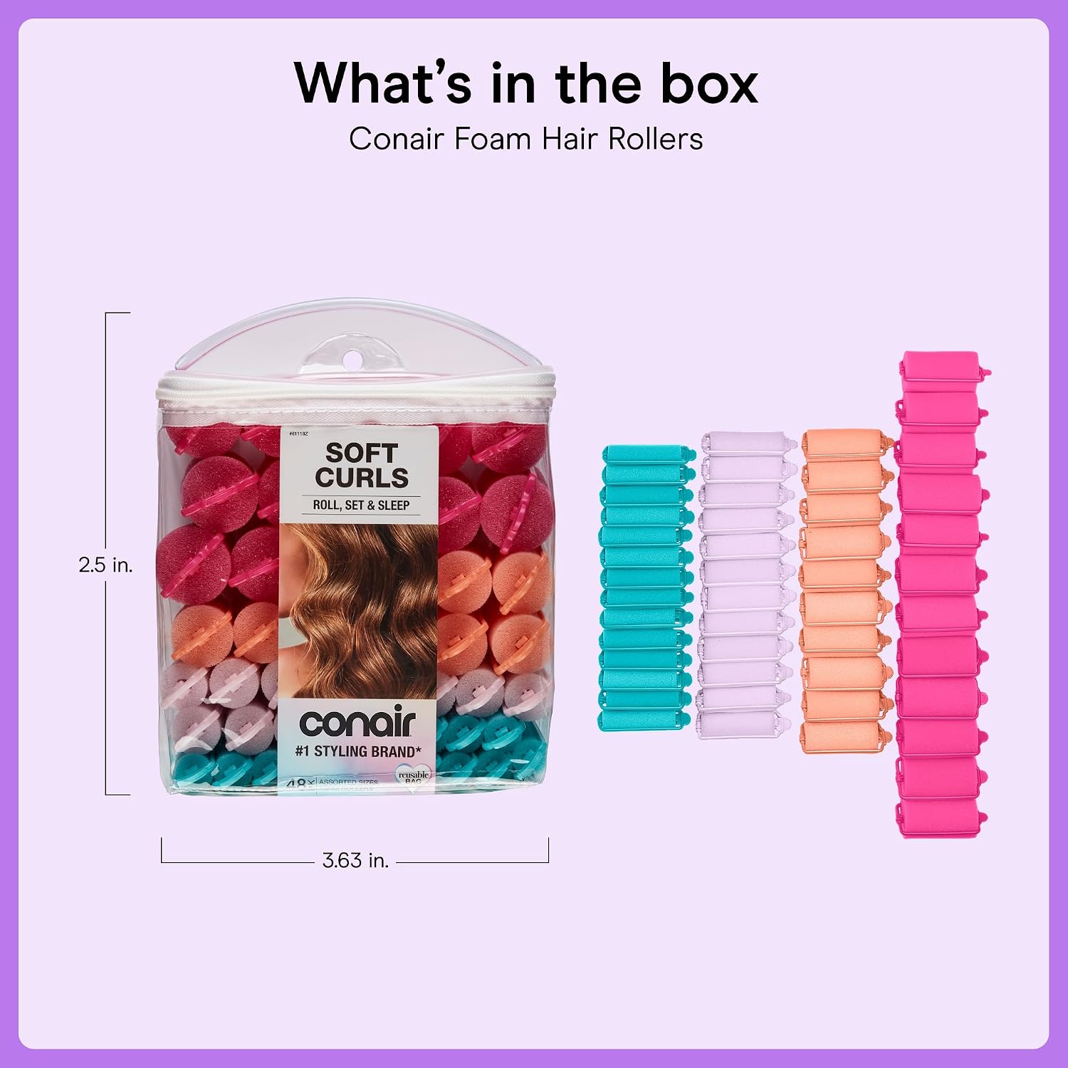 Conair Foam Overnight Heatless Curls Hair Rollers | Snaps-Shut Overnight Foam Curlers for Damage-Free Curls and Volume, Assorted Colors, 48-Count