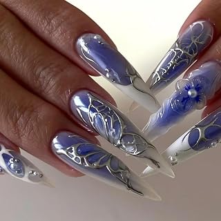Blue Ombre Press on Nails Long Stiletto Fake Nails with Pearl Design 3D Flower Glue on Nails Acrylic Full Cover Silver Butterfly Stick on Nails White French Tip False Nails for Women Manicure
