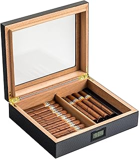 Humidor, Handmade Cedar Humidor with Hygrometer, Humidifier, Divider - Cuban Cigar Tabletop Humidor Glass Top Humidor, Gift for Men