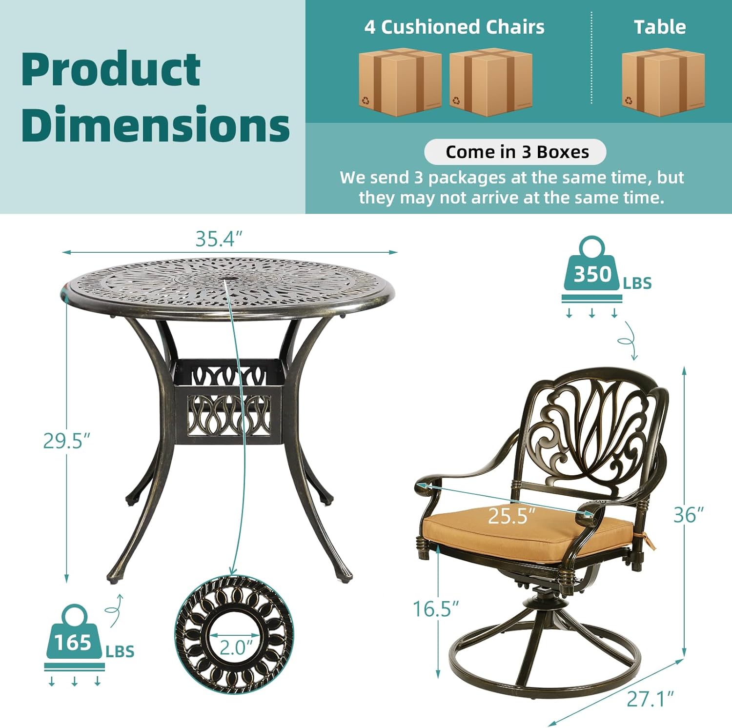 MEETWARM 5-Piece Outdoor Patio Dining Set, All-Weather Cast Aluminum Patio Conversation Set for Backyard Garden Deck with 4 Cushions Swivel Rocker Chairs and 35.4" Round Table, 2.2" Umbrella Hole