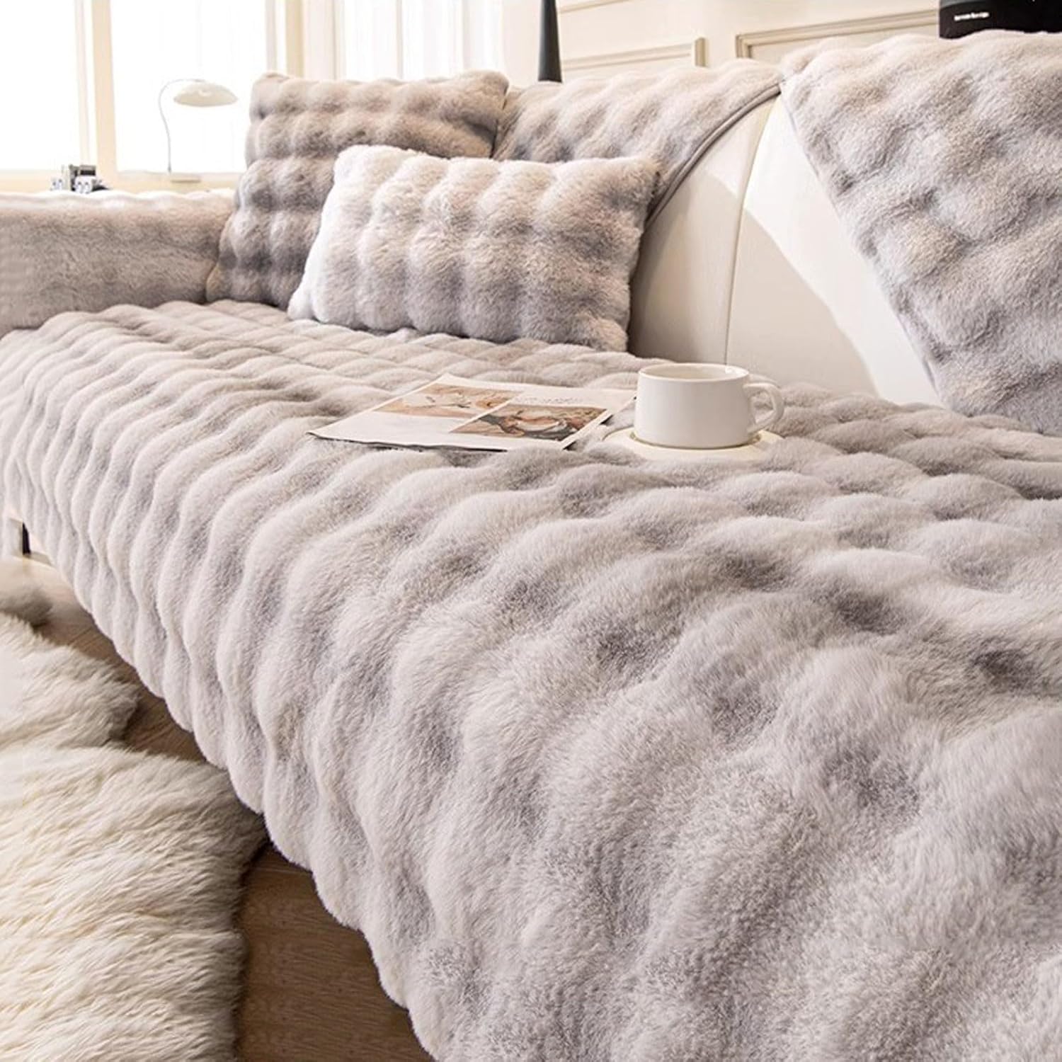 Thick Rabbit Plush Sofa Cover 1 2 3 Seater Blankets for Seat, Non-Slip Covers, Fluffy Couch L Shape Furniture Protector for Living Room(Grey 2,110 * 240cm)