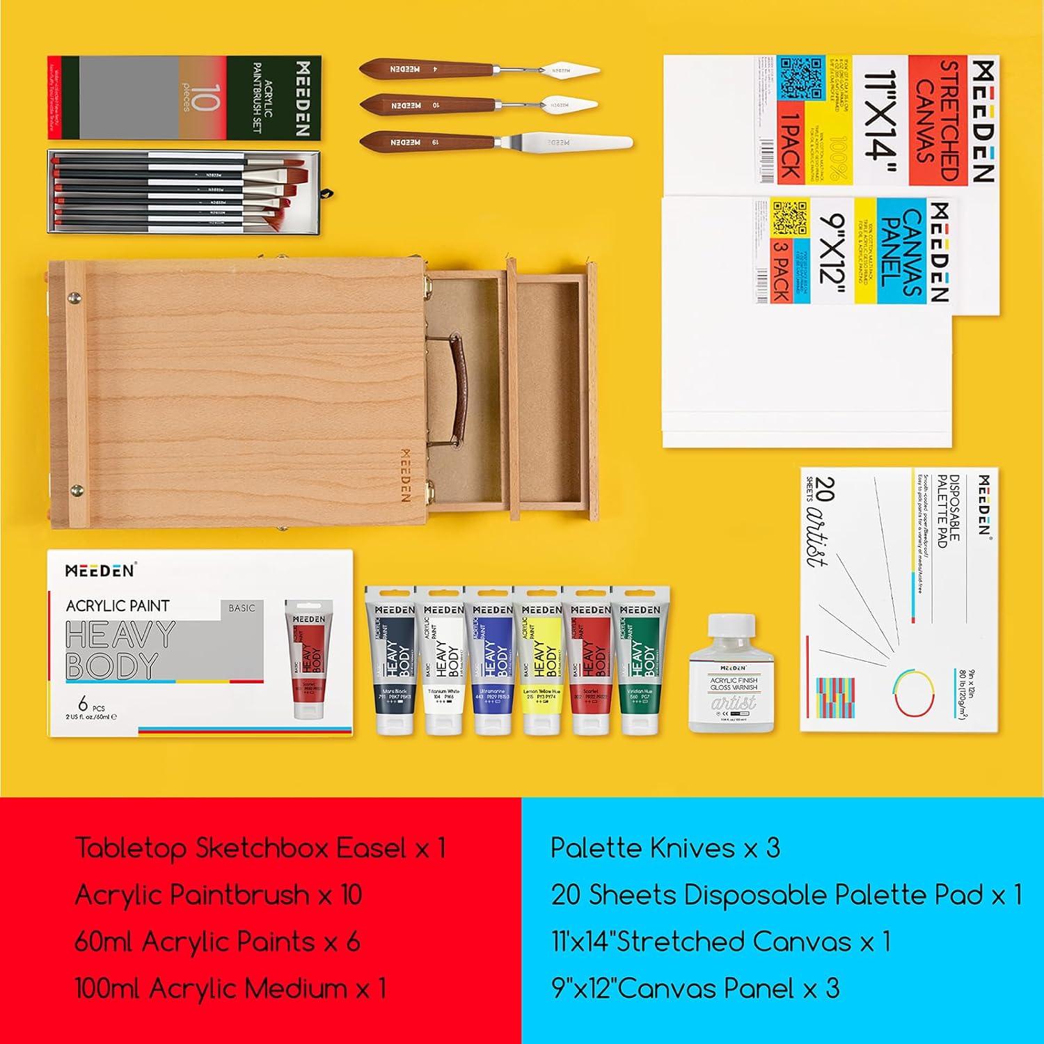 MEEDEN Acrylic Painting Set with Easel: 44 Pcs Art Supplies Painting Kit with Tabletop Box Easel for Adults - 24 Acrylic Paints, Paintbrushes, Canvas, Palettes & Accessories - Image 2