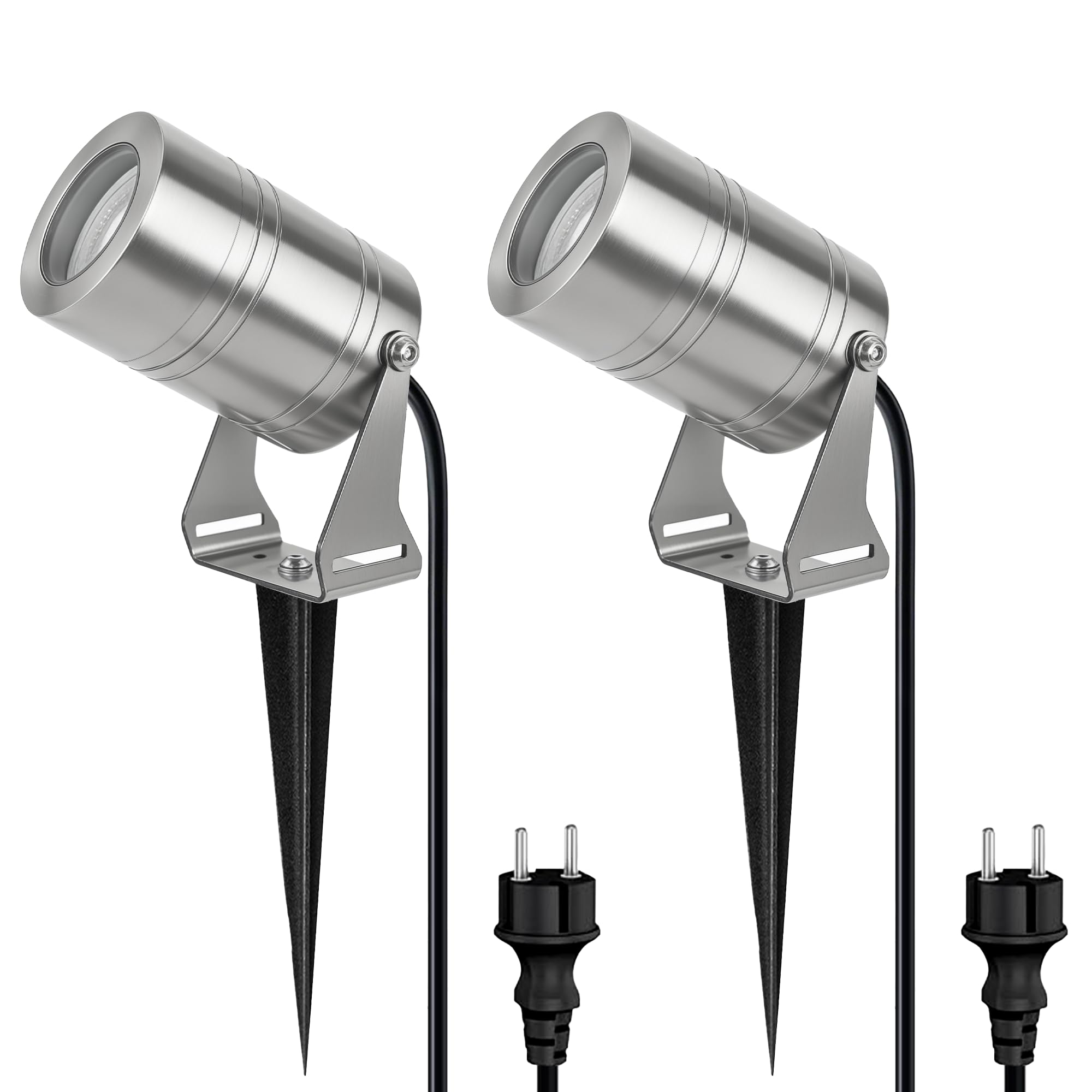 JNR 2 Pack Edelstahl Gartenstrahler LED Strahler Außen Wasserdicht IP65 Wasserdichte, Gartenleuchten mit Strom 5W GU10 3000K Warmweiß Glühbirne, 2m Kabel mit Stecker Gartenbeleuchtung, Silber