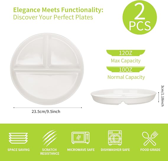 2 Pack Ceramic Portion Control Plates for Adults, 9.5 Inch, White | Porcelain Divided Plate, 3 Compartment Dinner Plates for Balanced Meal, Weight Loss