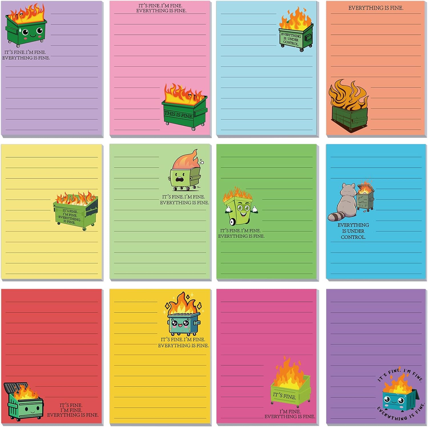 12 Pcs Funny Sticky Notes for Work 4x3 Inches Sarcastic Self Adhesive Notepads Novelty Memo Note Pads for Office Coworker Gifts Employee Appreciation Supplies (Dumpster Fire,Bright Color)