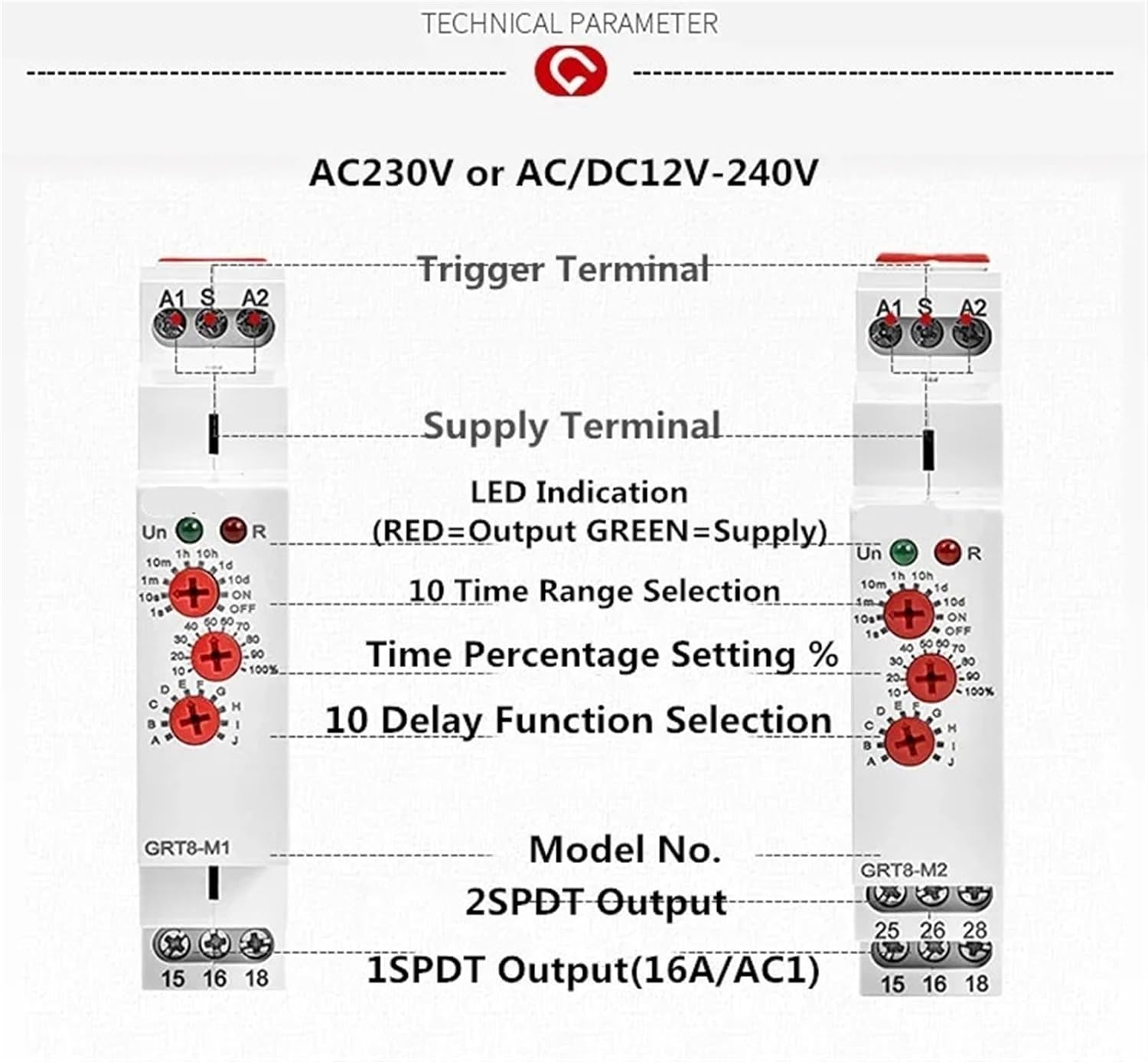 1Pcs GRT8-M Adjustable Multifunction Timer Relay with 10 Function Choices AC DC 12V 24V 220V 230V Time Relay Din Rail(GRT8-M1 ACDC12V-240V)