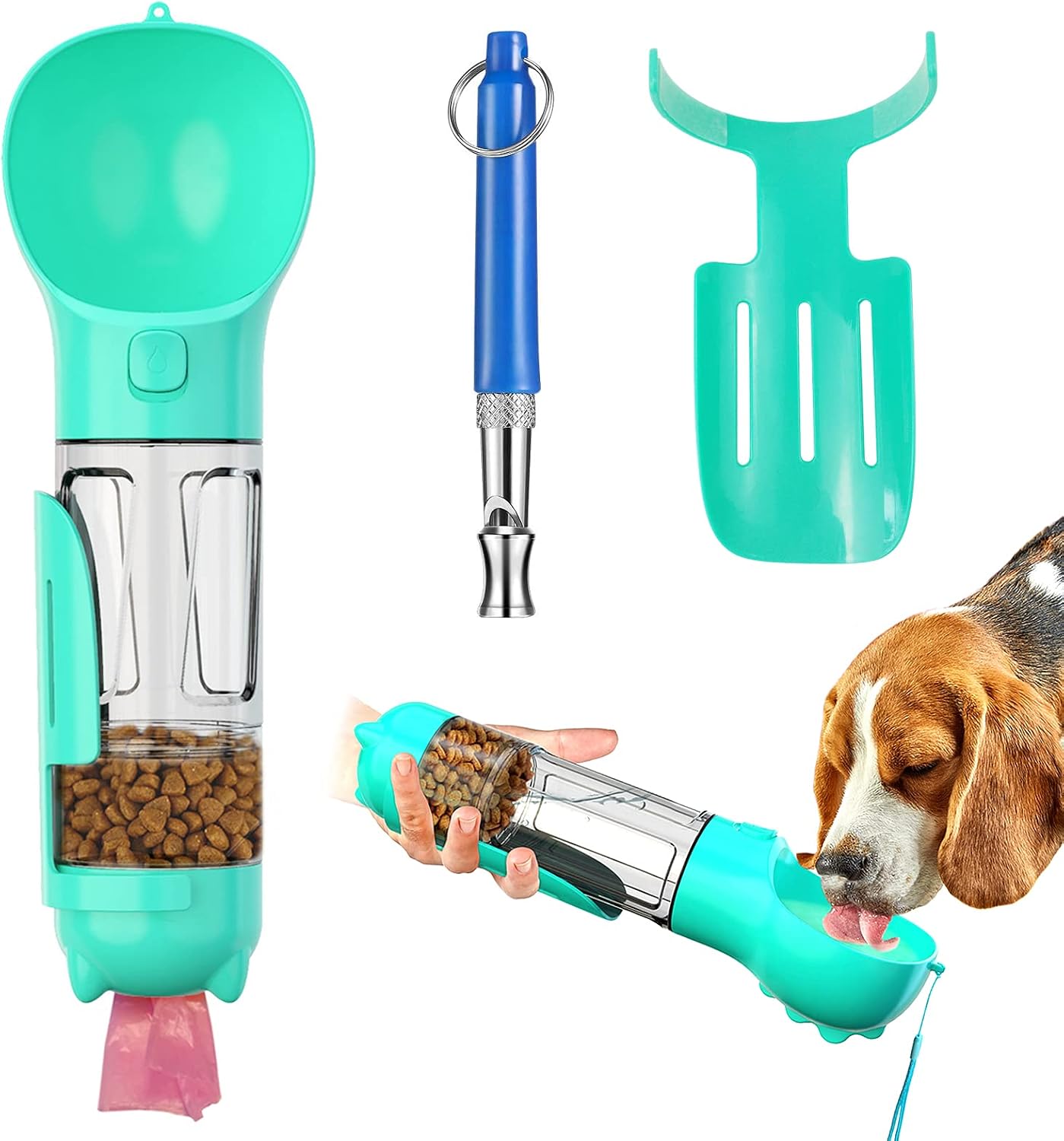 Dog Water Bottle 4 in 1 Portable Pet Water Bowl Dispenser with Dog Whistle, Pet Travel 10oz (300ML) Water Cup with Food Container, Poop…
