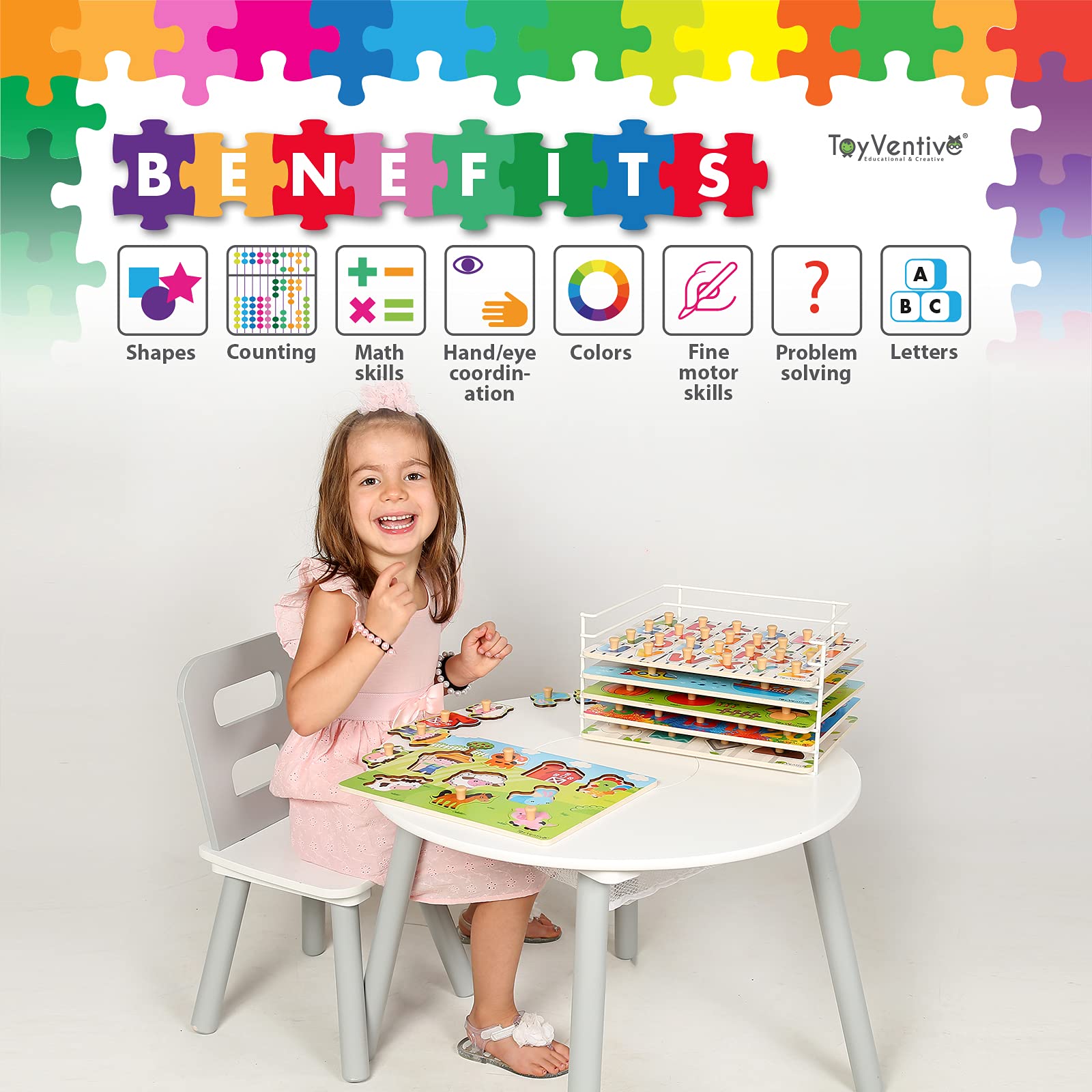 TOYVENTIVE Wooden Peg Puzzles for Toddlers 6 Pack with Wire Puzzle