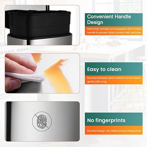 Miniatura 5 de Basurero de acero inoxidable a prueba de huellas dactilares con cubo interno extraíble y tapas con bisagras con pedal de 132galones 50l para oficina
