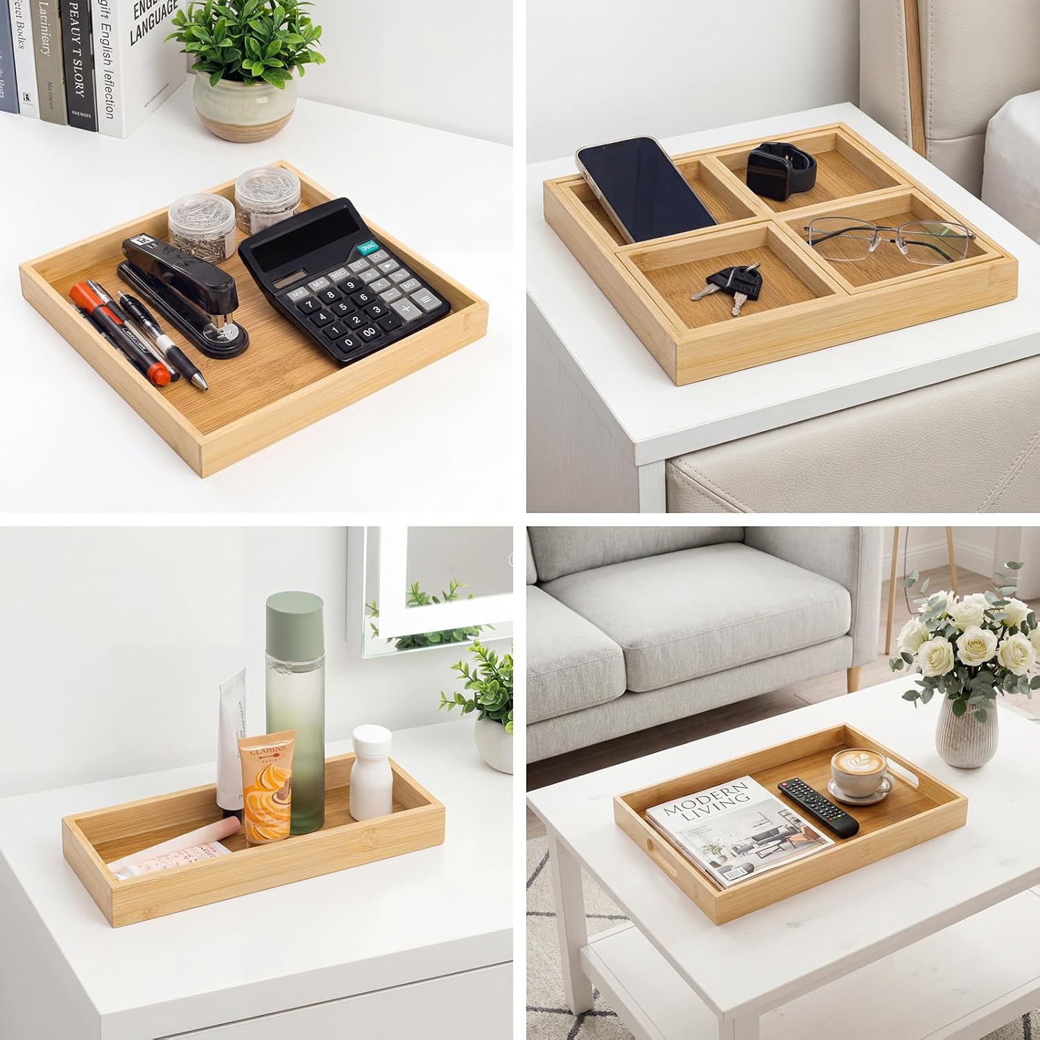 Wood Serving Trays with Handles, Set of 7 Rectangular Platters, Nesting Bamboo Tray for Breakfast in Bed, Entertaining, Couch, Party, Breakfast, Coffee Table, Home Decor