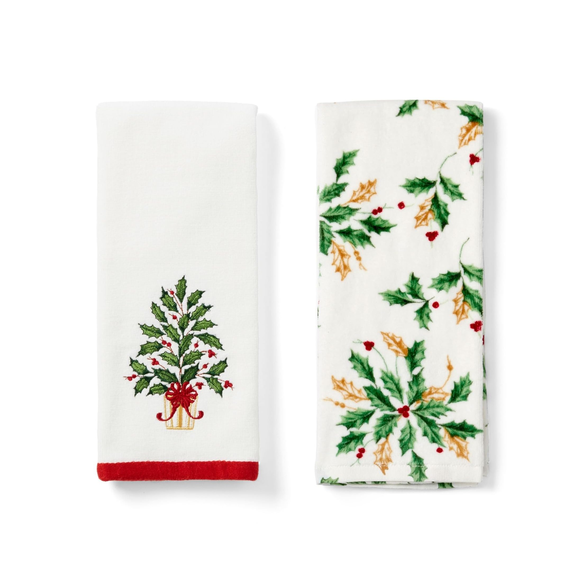 Holiday Tree Kitchen Towels by Lenox – 18"W x 28"L, Cotton Piece Dye Velour with Woven Dobby Hem/Embroidered, White, Pack of 2, Model 200240TWLX018X028WHT