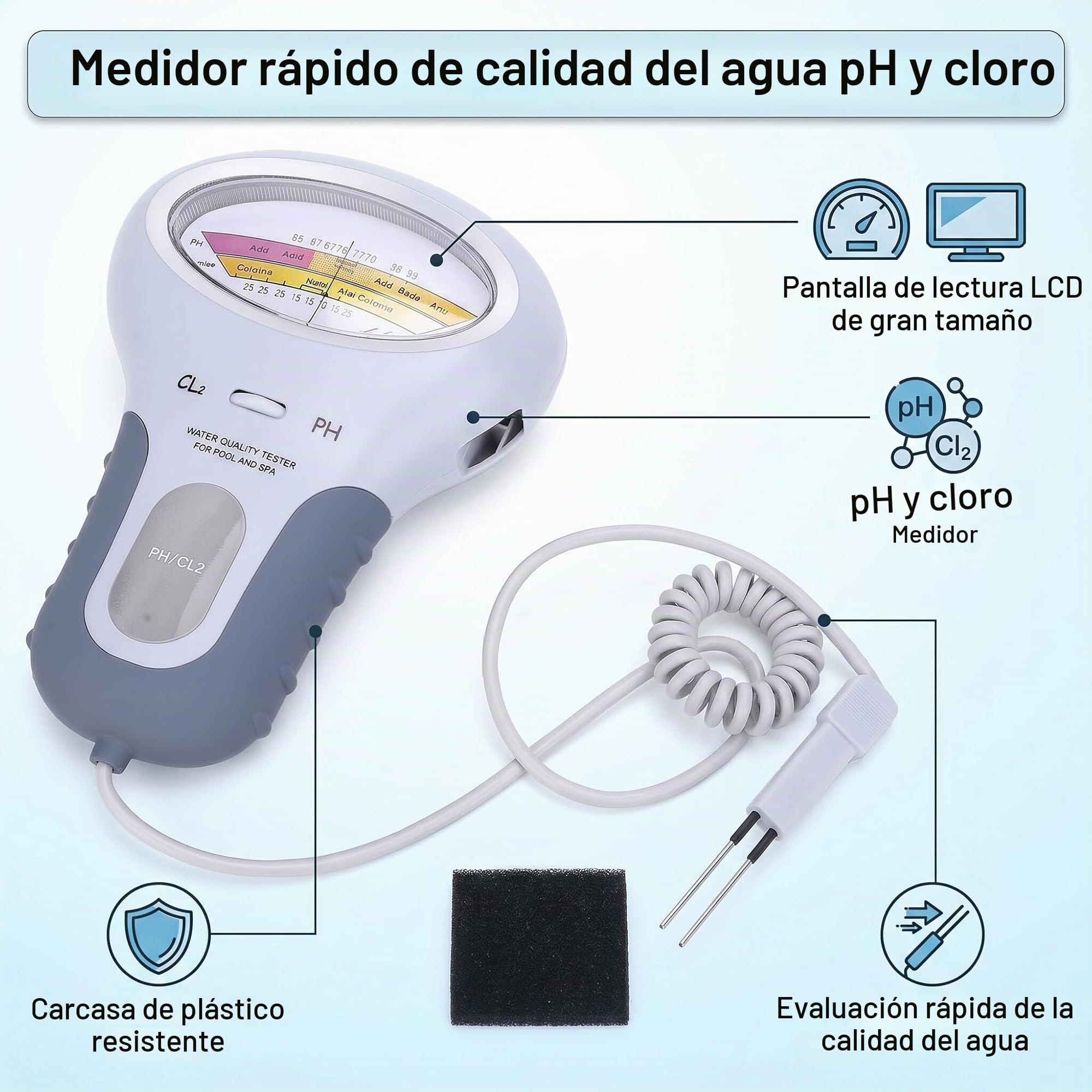 Probador Digital de Cloro Probador de Cloro y PH Pantalla Grande Probador CL2 Herramienta Conveniente para Probar el PH del Agua y el Nivel de Cloro para Piscinas y Spa