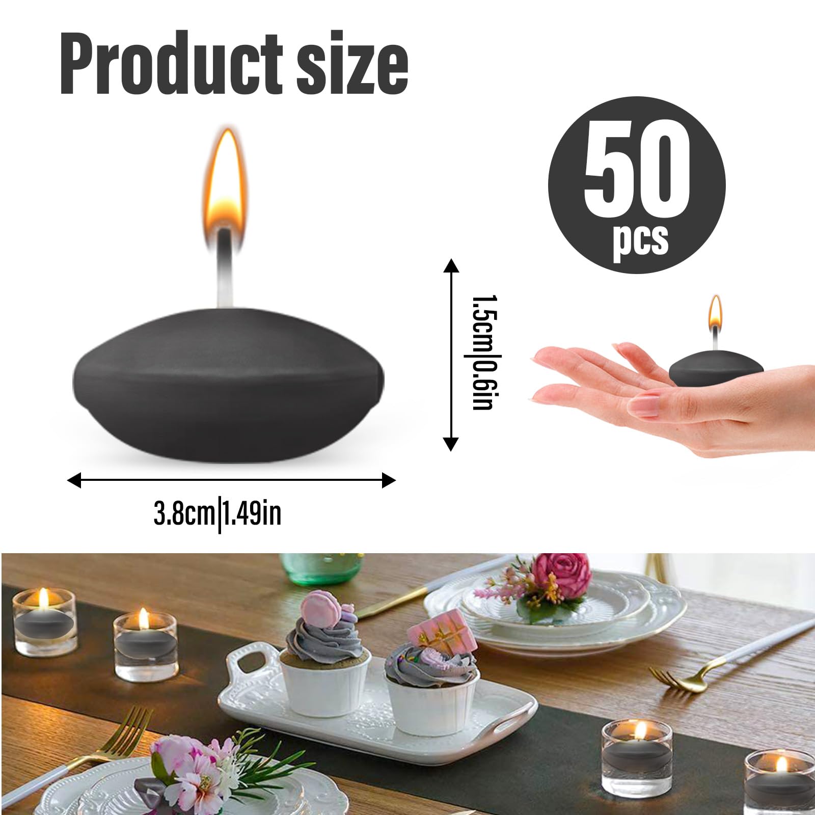 ZITUZY 50 Pieces Floating Candles, 1.49 inch Unscented Floating Candles, Round Candles, for Wedding Pool Valentine's Day Pool - Image 2