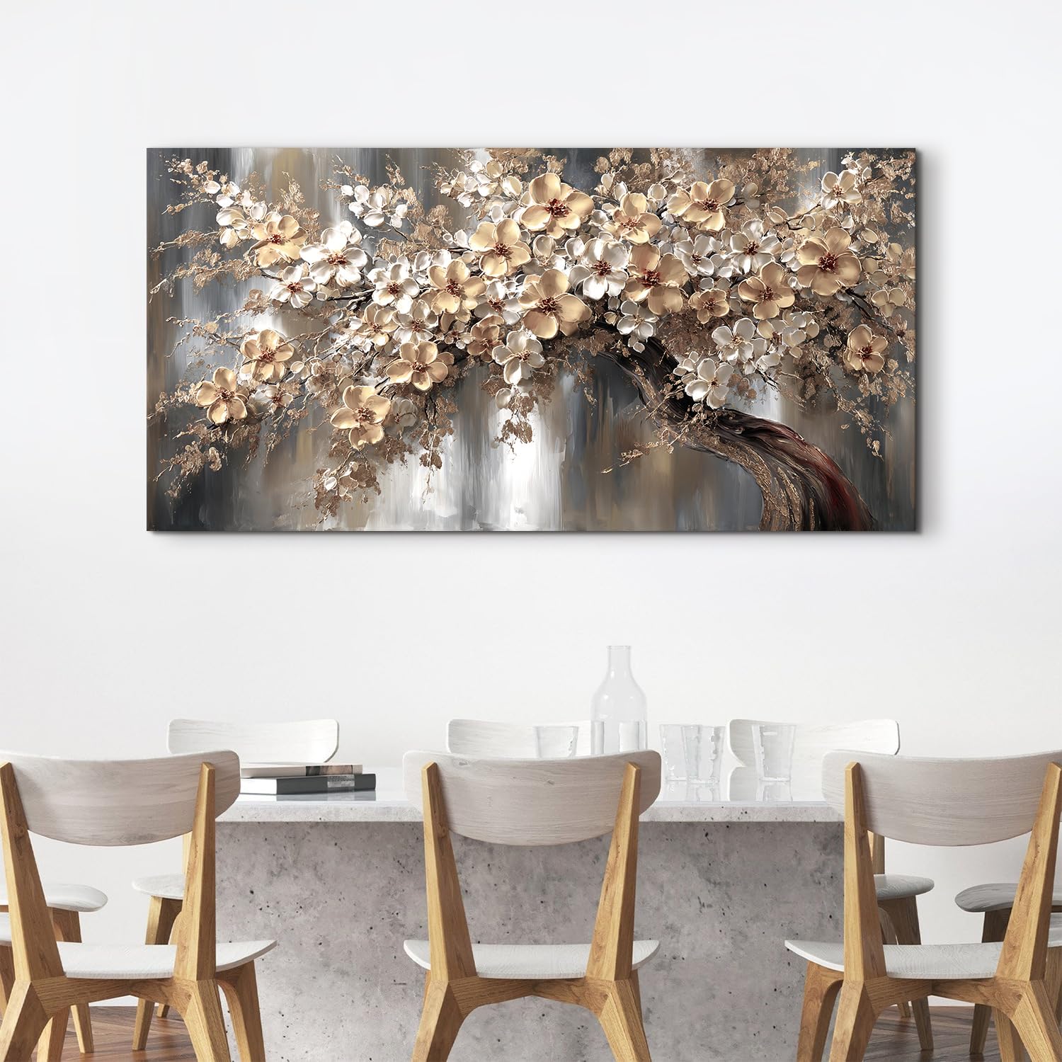 AREBOLO Baum des Lebens Leinwandbild 50x100 cm XL, Vintage Luxus Wanddeko Blumen Natur Wandbilder, Kunstdruck Canvas für Wohnzimmer Schlafzimmer Esszimmer, Weiß Gold Beige Wanddekoration als Geschenk