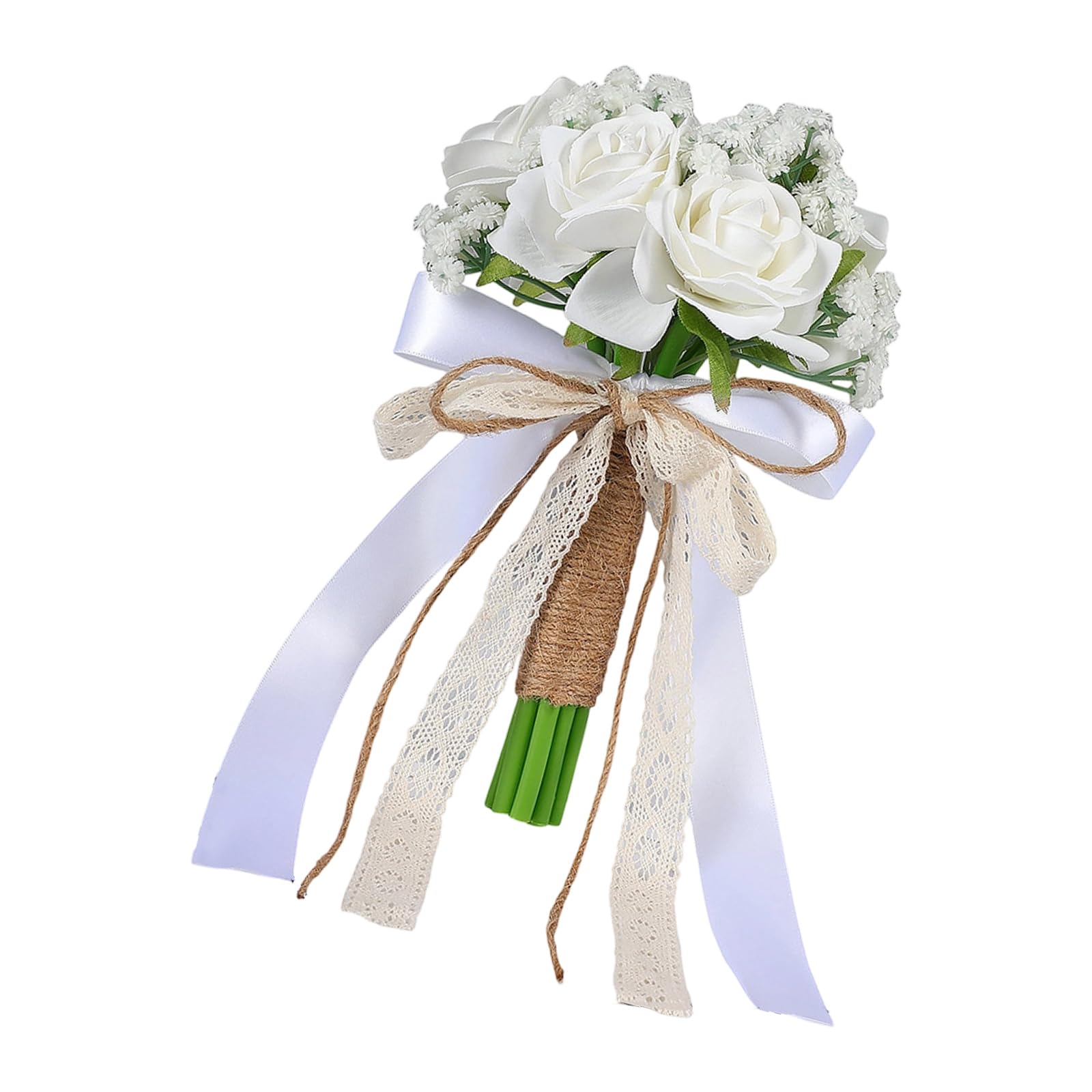 Piceioep Silk White Ribbon Flowers Bouquet Lightweight for Bridal Party Decoration Accessory Artificial Roses Bouquet White Shades for Ceremony Reception Bride Arrangement