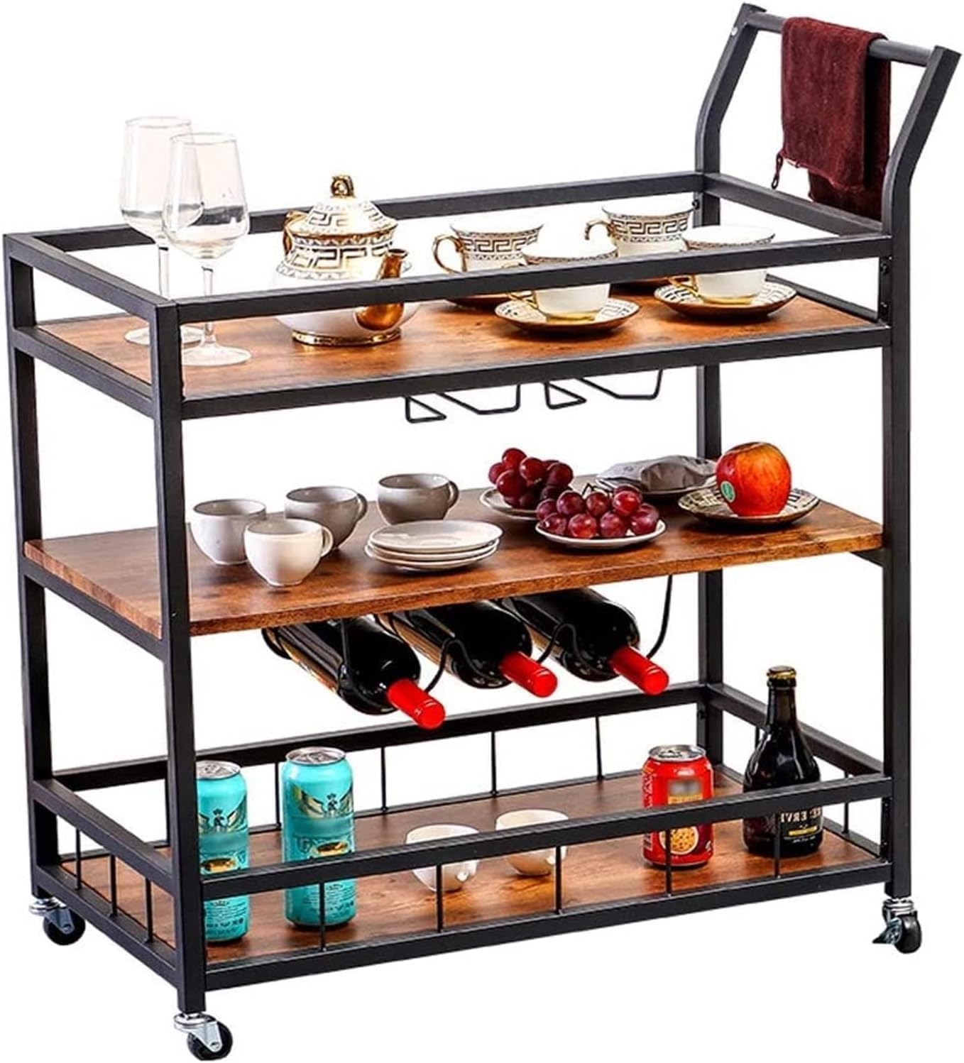 Bar Serving Carts for Home Hotel Restaurant Cart, Bar Serving Cart Home Rustic Mobile Kitchen Serving cart,Industrial Vintage Style Wood Metal Serving Trolley with Wine Rack