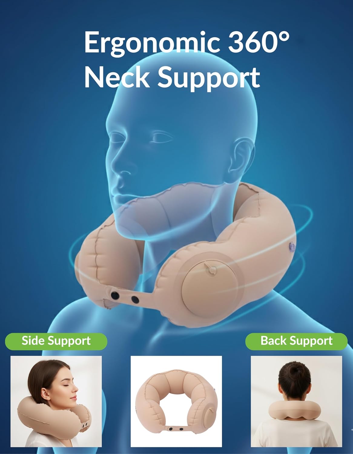 Inflatable Travel Neck Pillow with Built-in Hand Pump, Ergonomic 360-Degree Side and Back Support, Adjustable 3-Gear Snap Strap, Lightweight Compact Air Cushion for Airplane Car Train Office