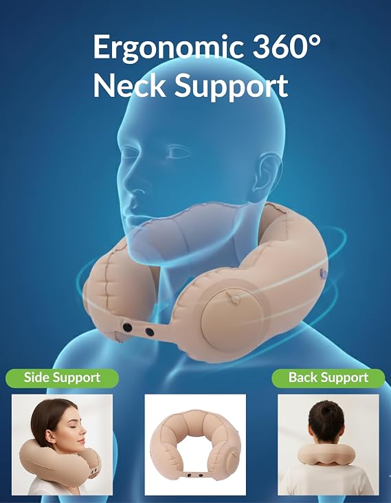 Inflatable Travel Neck Pillow with Built-in Hand Pump, Ergonomic 360-Degree Side and Back Support, Adjustable 3-Gear Snap Strap, Lightweight Compact Air Cushion for Airplane Car Train Office