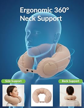 Inflatable Travel Neck Pillow with Built-in Hand Pump, Ergonomic 360-Degree Side and Back Support, Adjustable 3-Gear Snap Strap, Lightweight Compact Air Cushion for Airplane Car Train Office