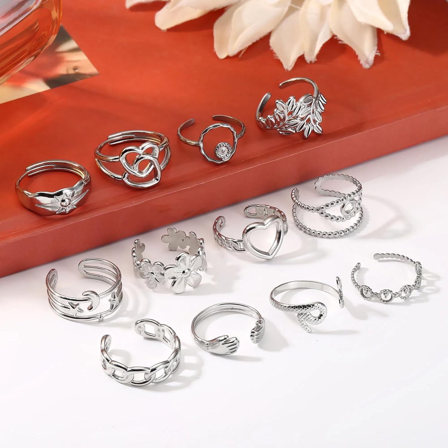 Subiceto 12Pcs Stainless Steel Rings for Women Silver Plated Aesthetic Jewelry Rings Adjustable Open Stackable Rings Trendy Knuckle Thumb Finger Rings Size 6-9 Indie Rings - Image 7