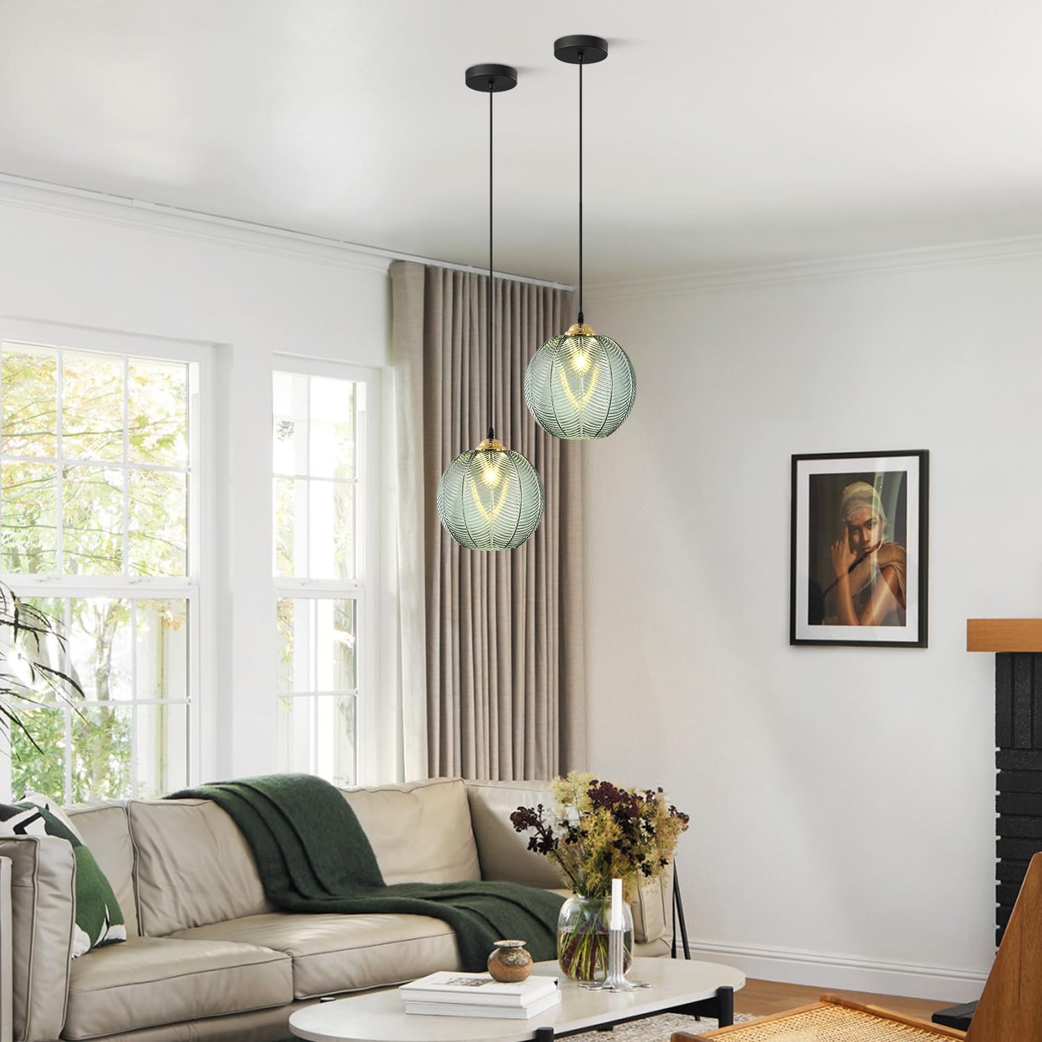 KCO Lighting Modern Large Globe Pendant Light Fixture Nordic Green Glass Pendant Light Black Kitchen Farmhouse Black Kitchen Island Light Vintage Single Green Ceiling Hanging Light