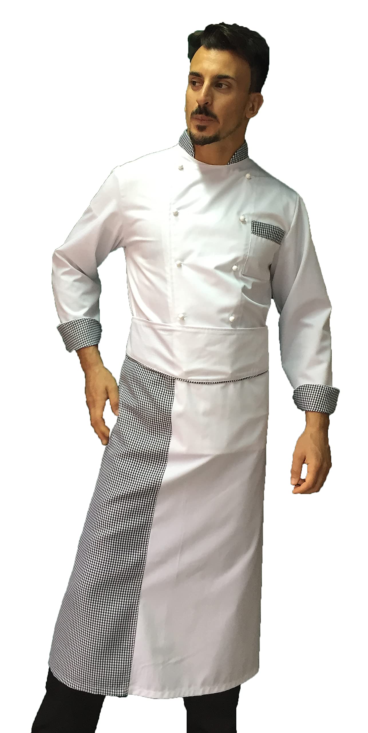 Ricamo Gratuito Completo Cuoco Uomo - Divisa Chef Bianca, Pied de Poule e Nera Personalizzabile - Giacca, Pantaloni e Grembiule - Uniforme per Cucina e Ristorante