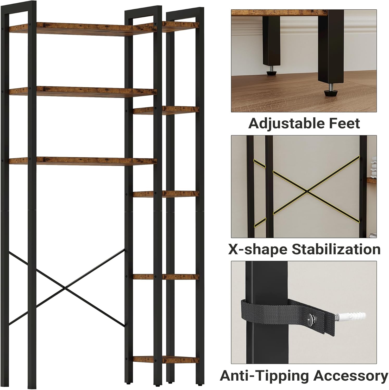 IRONCK Over The Toilet Storage with 8-Titer Shelf, Mass-Storage Side Storage Open Rack, Freestanding Bathroom Organizer Space Saver, for Bathroom, Restroom, Laundry, Vintage Brown