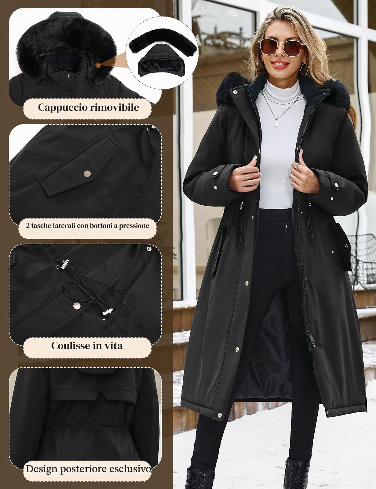 CMTOP Cappotto Donna Invernale Lungo Fodera in Pile Ispessito Idrorepellente Antivento Parka, Calda Elegante Giubbotto Imbottita Giacca con Cappuccio Rimovibile, Zip e Tasche