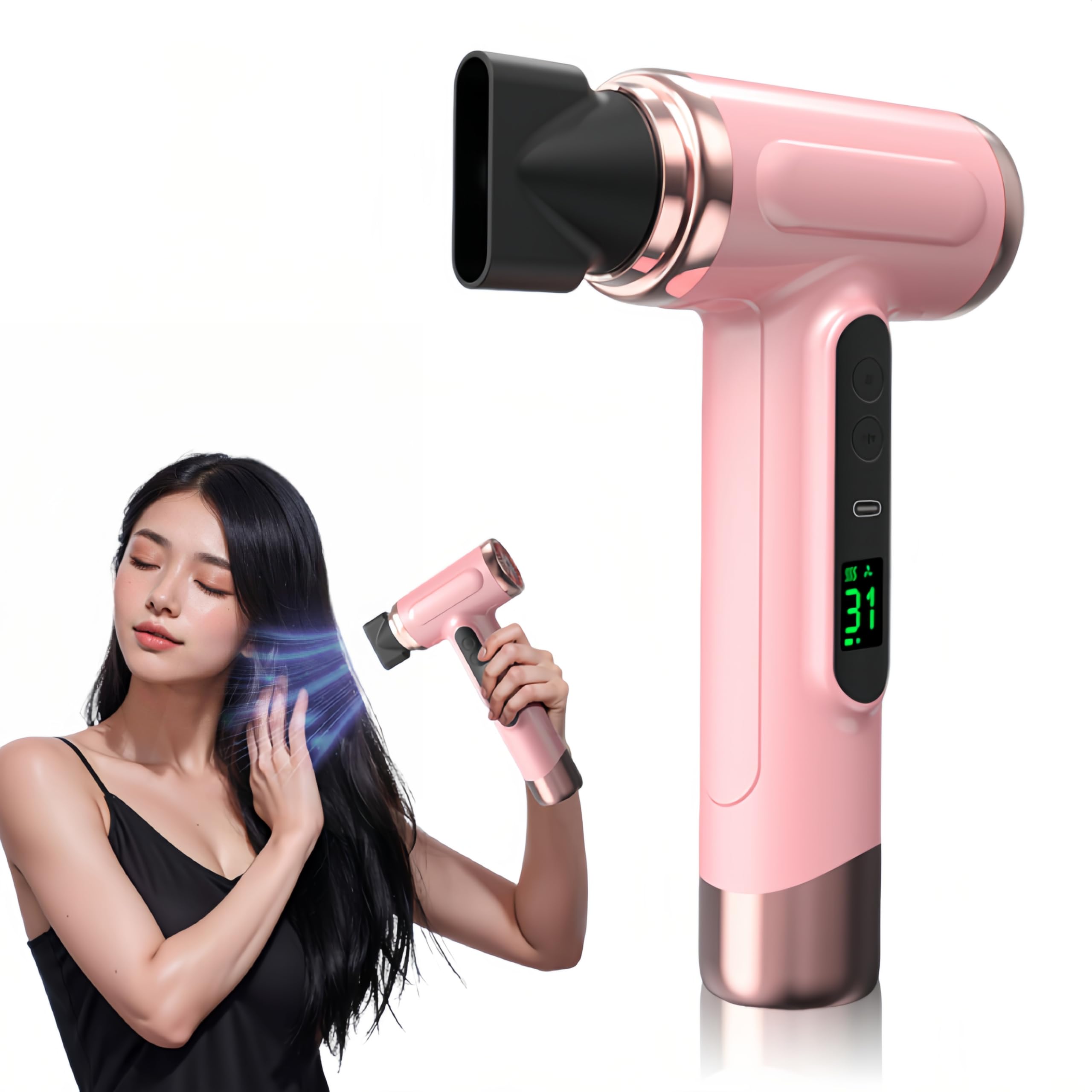 Bewinner Pro Reisefön - 3 Geschwindigkeiten & 3 Temperaturen Kabelloser Fön mit 15000mAh Tragbarer Haartrockner mit Digitalem Bildschirm für Frauen Camping, Rosa