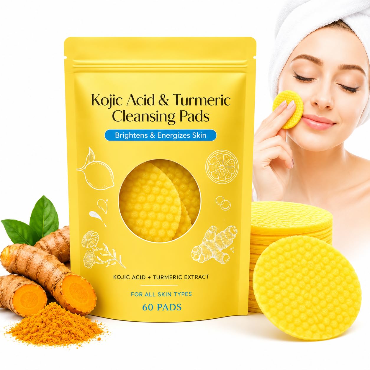Turmeric & Kojic Acid Face Cleansing Pads with Vitamin C | Brightening Foaming Facial Cleanser for Dark Spots, Acne Marks & Uneven Skin Tone | Gentle Daily Face Wash for All Skin Types | 60 Pads-image-12
