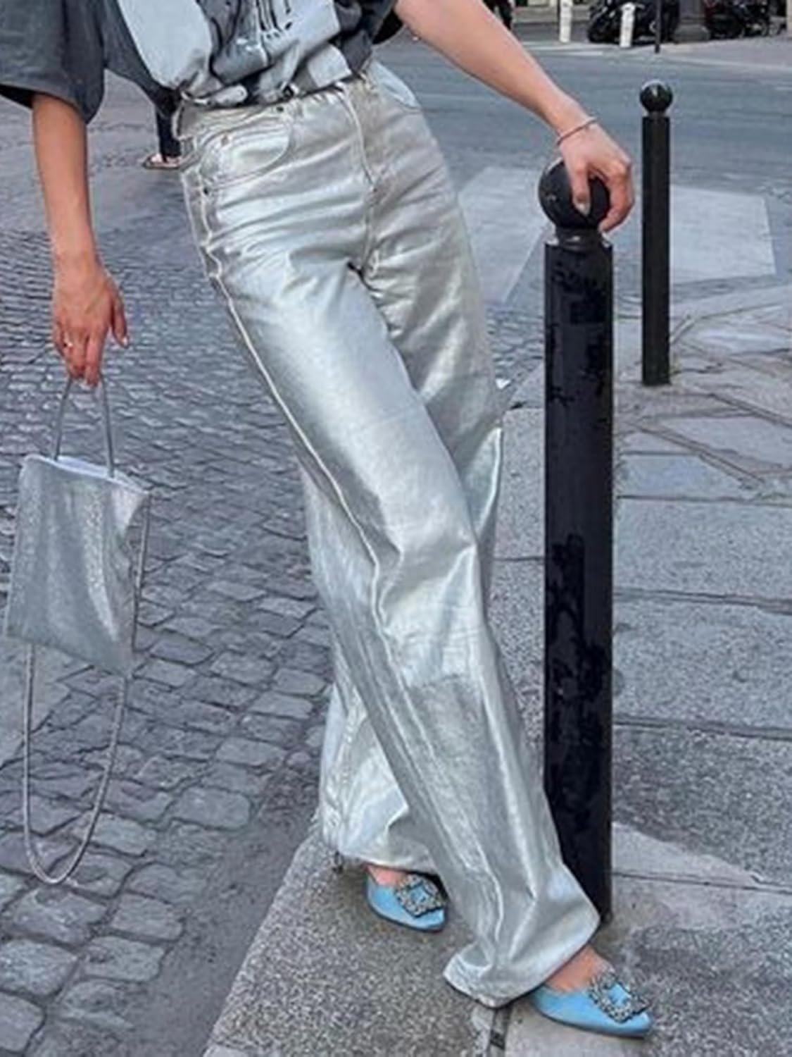 Women's Metallic Shiny Denim Pants Solid Color High Waist Disco Straight Leg Trousers for Party Dance - Image 5