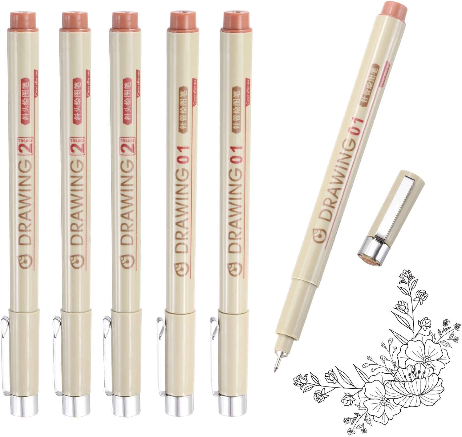 MECCANIXITY 005 Fineliner Ink Pens, 6Pcs 0.2mm Brown Micro Pens with Waterproof Archival Ink for Watercolor Sketching Cartoon Technical Drawing