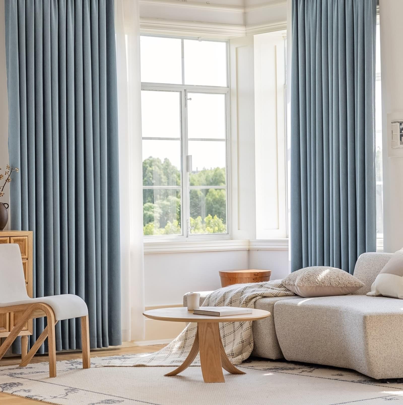Rideau opaque en chenille bleu 132x183 cm | Lot de 2 double-rideaux à œillets pour salon