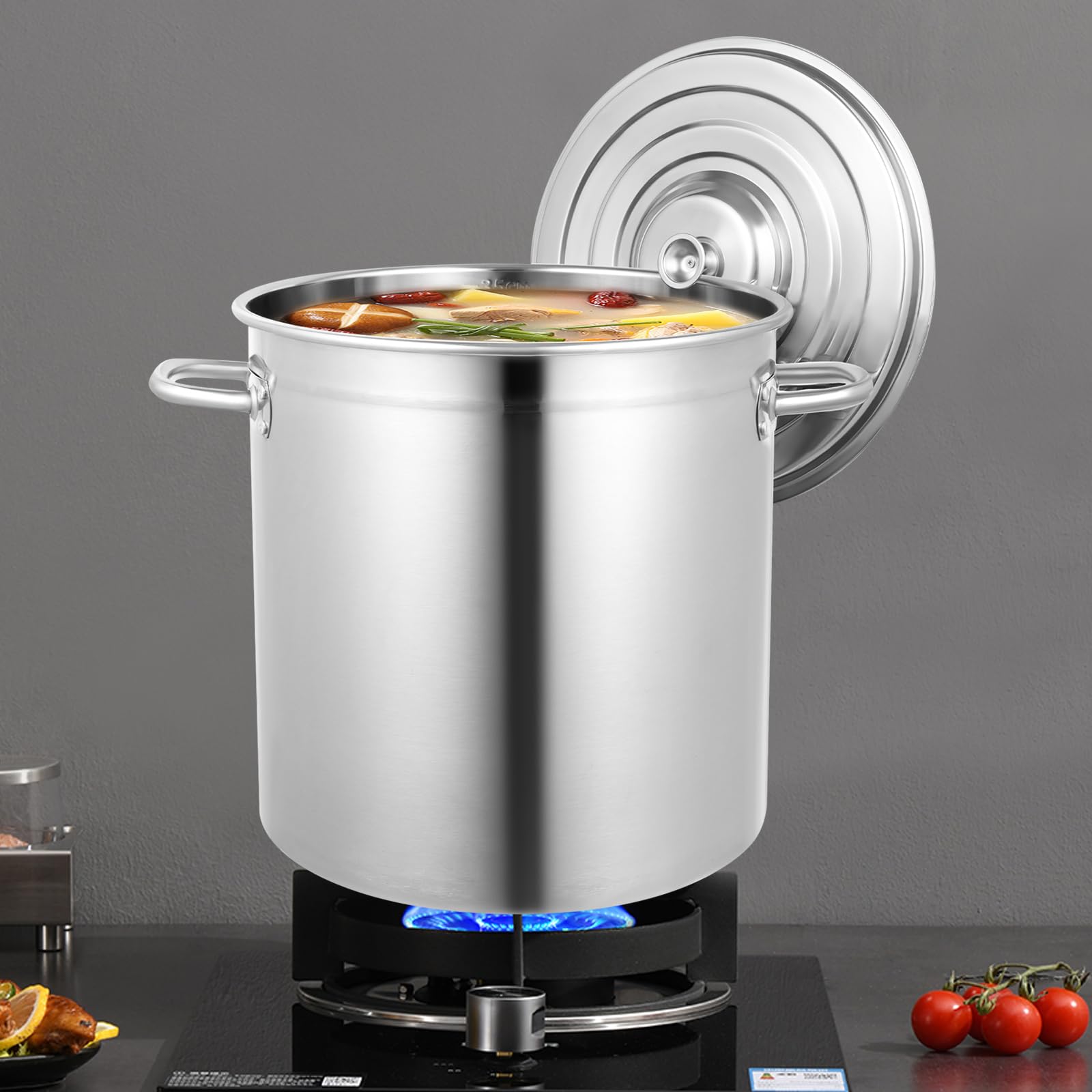 Olla de acero inoxidable de 28 litros con tapa hermética para inducción, gas y vitrocerámica, ideal para sopas, guisos y conservación de cocina profesional