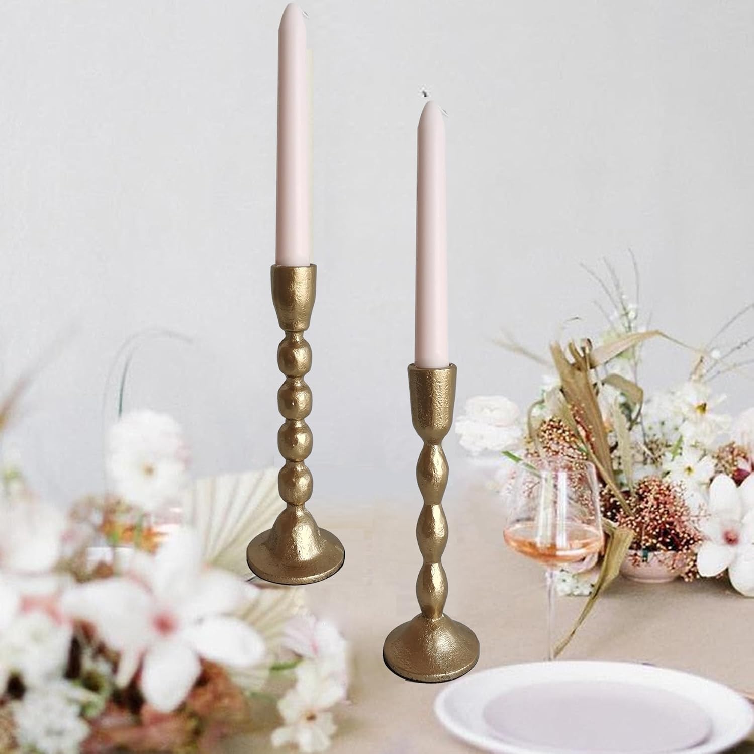 Antique Iron Taper Candle Holders - Set of 2 Decorative Candlesticks, Brass Finish Candle Stand for Weddings, Dining, and Parties - Image 5