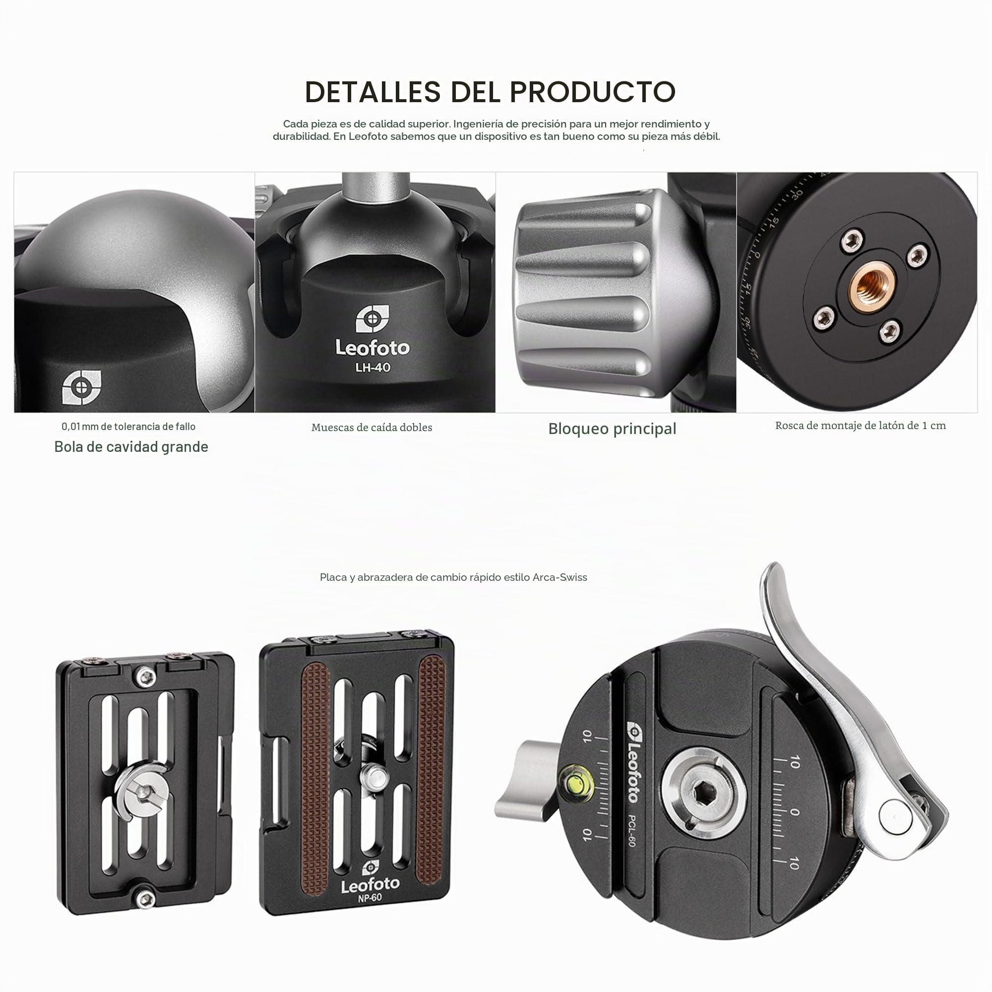 LEOFOTO Cabezal de bola de trípode LH-40PCL, función panorámica dual + placa de liberación rápida NP-60