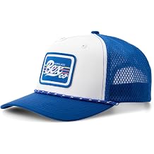 BEX Zuma Trucker Hat - 5 Panel Curved Bill Snapback Cap with Rope Detail & Woven Patch - Breathable Mesh Beach Baseball Cap for Men Women - Retro Surf Style - Blue White