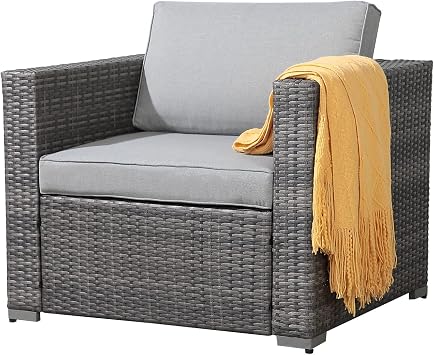 Patiorama Patio Single Sofa, Outdoor Armchair, All-Weather Grey PE Wicker Rattan Sectional Sofa, Additional Chair for Furniture Set, Patio Seating for Balcony Garden Porch Pool Light Grey Cushion