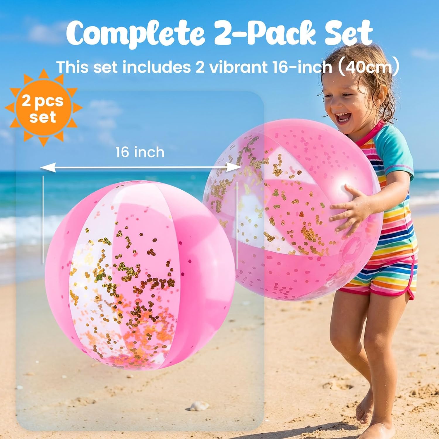 FUTUREPLUSX 2PCS Glitter Beach Balls, 16 Inch Inflatable Pool Toys, for Beach Party Favor