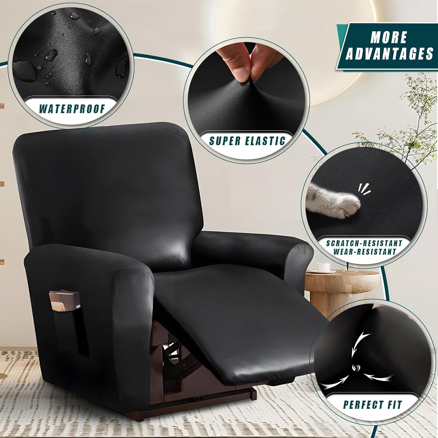 JOKIVTOU 1/2/3 Seats PU Leather Stretch Recliner Cover Sofa Cover with Side Pockets Waterproof Slipcover Recliner Couch Cover Furniture Protector with Elastic Bottom Living Room